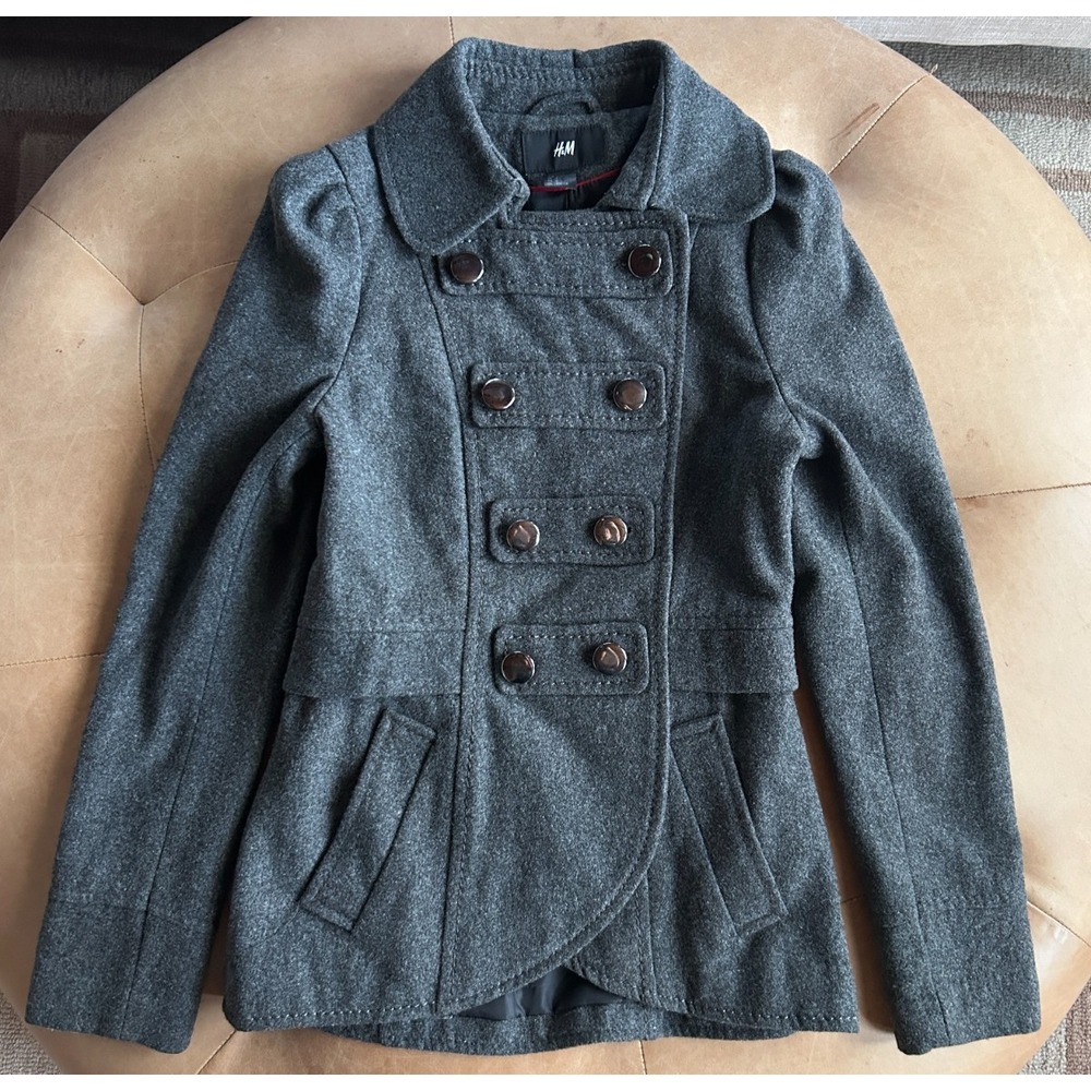 H&M Wool Military Band Jacket Womens 2 Gray Double Breasted Victorian Officer